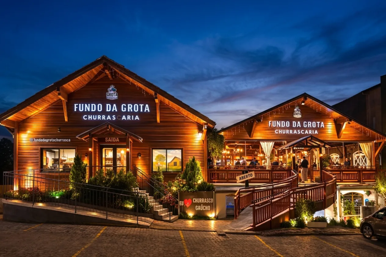 Fachada iluminada da Fundo da Grota Churrascaria, em Canela